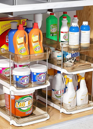 Delamu 2 Pack 3-Tier Bathroom Under Sink Organizers and Storage, Multi-Purpose Stackable Pantry Organization and Storage, Pull Out Clear Kitchen Bathroom Cabinet Organizer with Movable Dividers, Amber