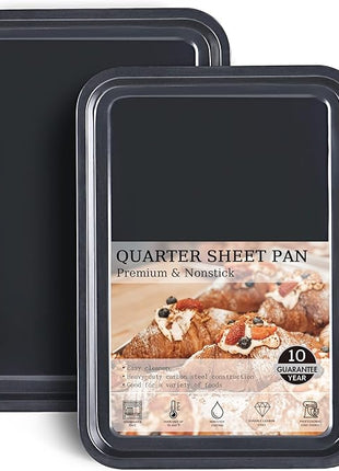 HONGBAKE 2 Pack Quarter Sheet Pan for Baking - Nonstick 13.8 x 9.8 Small Cookie Sheet with Wider Grips, 27% Thicker Carbon Steel Commercial Oven Tray - Black