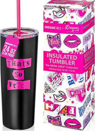 Dragon Glassware x Mean Girls Vacuum Insulated Tumbler with Lid and Straw - 24 oz Tumbler Cup with 2 Straws - Stainless Steel Tumbler with Straw for Water, Iced Tea - That's So Fetch
