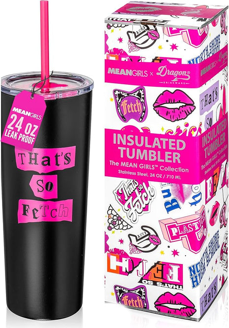 Dragon Glassware x Mean Girls Vacuum Insulated Tumbler with Lid and Straw - 24 oz Tumbler Cup with 2 Straws - Stainless Steel Tumbler with Straw for Water, Iced Tea - That's So Fetch
