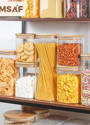 ComSaf Glass Food Storage Containers Set, 3 Pcs Airtight Clear Food Jars with Lids, Square Stackable Kitchen Canisters, Glass Jars For Spaghetti Pasta, Spice, Sugar, Candy, Tea, and Coffee Beans