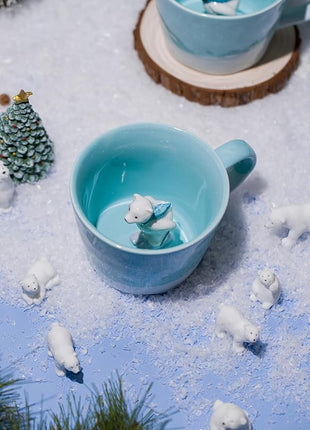 DIHOclub Skiing Polar Bear Ceramic Cup Hidden Animal Inside Mug Cute Cartoon Handmade Figurine Mugs,Holiday and Birthday Gift for Coffee Milk Tea Lovers,12 OZ(Blue White)