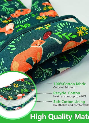 Oven Mitts Cotton Fashion Cute Fox Design 1 pair Heat Resistant Oven Gloves Safe Cooking Baking Grilling Barbecue Machine Washable (fox, oven mitts)