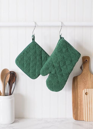 DII Basic Terry Collection 100% Cotton Quilted, Oven Mitt, Dark Green, 2 Piece