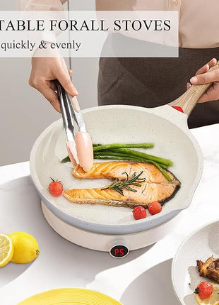 Vinchef Nonstick Deep Frying Pan, Saute Pan with Lid, 11"/5Qt, German 3C+ Ceramic Coating, Induction Compatible, White Color, Cookware for Kitchen