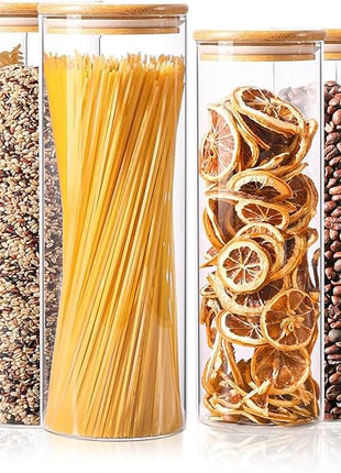 ComSaf Glass Food Storage Jars Set of 6, Tall Glass Storage Containers with Lids, Spaghetti Jar, Canisters Set for the kitchen, Pasta, Flour, Nuts, Oat, Coffee and Sugar Container, Pantry Organization