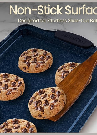 BAKKEN Kitchen Baking Pan Set - Nonstick Coating, Carbon Steel Bakeware Sets with Blue Silicone Handles, Baking Kitchen Essentials, PFOA, PFOS, PTFE Free, Oven Safe Tray (Up To 450° F), Set of 3