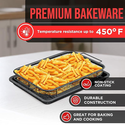 Bakken-Swiss Crisper Tray, Non-Stick Gray Marble | Healthier Cooking | For Regular Ovens | 2-Piece Set, Pack of 4