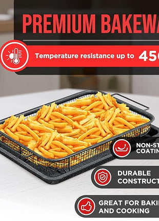 Crisper Tray - 2-Piece Set – Gray Marble, Non-Stick Basket Design for Healthier Cooking in Regular Ovens - Achieve Perfectly Crispy Chips, Bacon and More