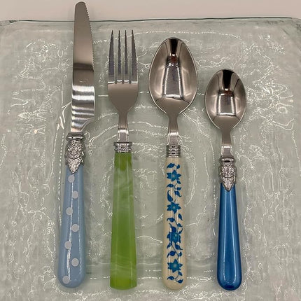 The Original Brink House Eclectic Blue Green Mix & Match Stainless Steel Cutlery Set / 16 pieces with Metal Stand/Lifestyle utensils set for home, first apartment, dorm, dinner parties