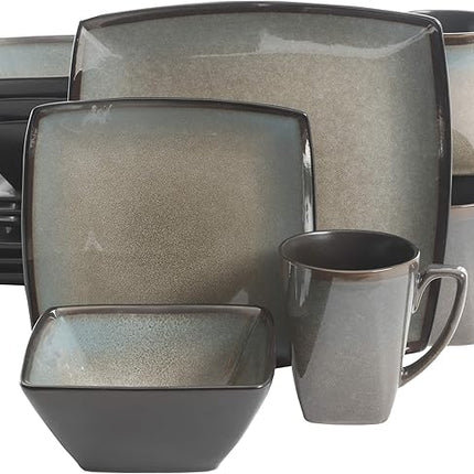 Gibson Elite Tequesta Square Reactive Glaze Stoneware Plates and Bowls Dishes Dinnerware Set, Service for 4 (16pcs), Taupe