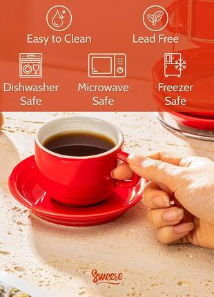 Sweese 8 Ounce Porcelain Stackable Cappuccino Cups with Saucers and Metal Stand - for Specialty Coffee Drinks, Cappuccino, Latte, Americano and Tea - Set of 4, Red