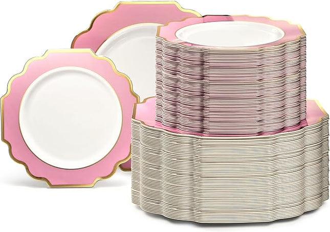 " OCCASIONS " 240 Plates Pack (120 Guests) Heavyweight Wedding Party Disposable Plastic Plates Set -120 x 10.5'' Dinner + 120 x 8'' Salad/Dessert Plate (Imperial in Light Pink & Gold)