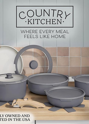 Country Kitchen Cookware Set with Removable Handle, Oven & RV Safe Pots and Pans Set, Grey/Ivory Wood Handle, Original
