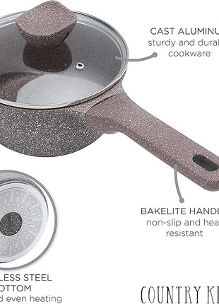 Country Kitchen Non-Stick Cast Aluminum Cookware Set - Durable Kitchen Cookware for Everyday Cooking, Chocolate Brown, 6 Pc.