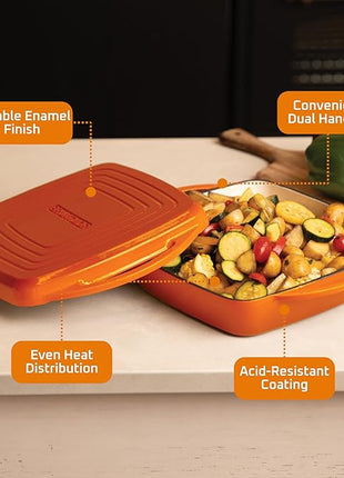 Bruntmor 11-Inch Enameled Cast Iron Cookware - 2-in-1 Square Cast Iron Casserole Dish with Lid and Dual Handles for Baking, Braising, and Roasting - Durable, Nonstick Skillet Dutch Oven, Pumpkin Spice