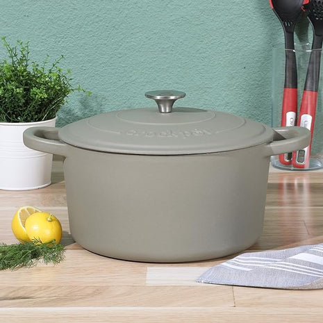 Crock-Pot Artisan 7-Quart Round European Enameled Cast Iron Dutch Oven with Lid – Matte Green, Durable Oven Safe Cookware