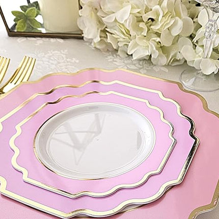 " OCCASIONS " 240 Plates Pack (120 Guests) Heavyweight Wedding Party Disposable Plastic Plates Set -120 x 10.5'' Dinner + 120 x 8'' Salad/Dessert Plate (Imperial in Light Pink & Gold)