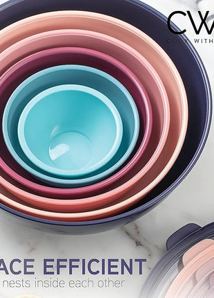COOK WITH COLOR Mixing Bowls with TPR Lids - 12 Piece Plastic Nesting Bowls Set includes 6 Prep Bowls and 6 Lids, Microwave Safe Mixing Bowl Set (Multicolored Set with Large Blue Bowl)
