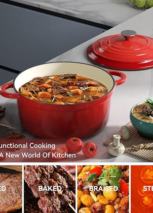 Miereirl 4.5 Quart Enameled Dutch Oven Pot with Lid, Cast Iron Dutch Oven with Dual Handles for Bread Baking, Cooking, Non-stick Enamel Coated Cookware (Red)