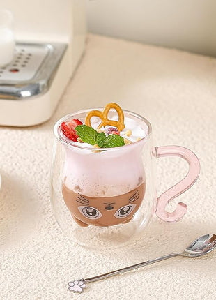 Cute Mugs Glasses Double Wall Insulated Glasses Espresso Cup, Coffee Cup, Tea Cup, Milk Cup, Best Gift for Office and Personal Birthday, Pink Cat