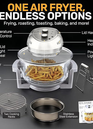 Big Boss 16Qt Large Glass Air Fryer Non Toxic – Family Sized Large Halogen Oven Cooker with 3 Cooking Sections, Stainless Steel Racks, French Fries, Chicken, No Preheat, Self Cleaning, Dishwasher Safe