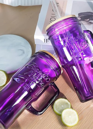 ANOTION Glass Cups with Handle, 24oz Glass Cups with Lids and Straws Travel Coffee Mug Bamboo Mason Jar Iced Cup Smoothie Tea Clear Cute Water Drinking Jars Glasses, Purple