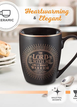 Christian Art Gifts Black Stoneware Coffee Mug with Gold Rim for Women and Men – 12 oz. Lead and Cadmium-free Coffee and Tea Mug with Inspirational Bible Verse: The Lord Is With Me - Jeremiah 20:11