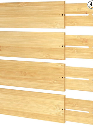 BAMEOS 4 PCS Bamboo Drawer Divider Adjustable Drawer Dividers Kitchen Drawer Organization Utensil Organizers for Kitchen Dresser Bathroom Bedroom and Office