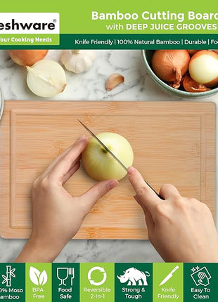 Freshware Freshware Bamboo Cutting Boards for Kitchen with Juice Groove [Set of 2] Wood Cutting Board for Chopping Meat, Vegetables, Fruits, Cheese, Knife Friendly Serving Tray with Handles