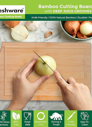 Freshware Wood Cutting Boards for Kitchen - Bamboo Cutting Board Set of 3, Cutting Boards with Juice Grooves, Serving Board Set, Chopping Board for Meat, Veggie, Easy Grip Handle (9x6", 12x8", 15x10")