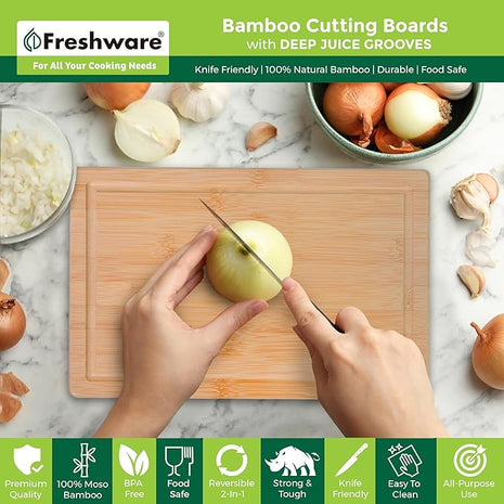 Freshware Wood Cutting Boards for Kitchen - Bamboo Cutting Board Set of 3, Cutting Boards with Juice Grooves, Serving Board Set, Chopping Board for Meat, Veggie, Easy Grip Handle (9x6", 12x8", 15x10")