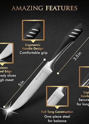 Bellemain Premium Steak Knives Set of 8, Kitchen Knife Sets with Steel Blades for Precise Cutting, Lightweight Steak Knife Set Stainless Steel & Durable, Serrated Steak Knives Dishwasher Safe