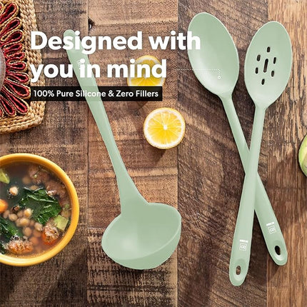 DI ORO Silicone Ladle & Spoons for Cooking – Large Kitchen Spoons for Mixing, Serving, & Stirring - Soup Ladle with Wide Bowl - High Heat Silicone Kitchen Utensils for Nonstick Cookware Safe (Sage)