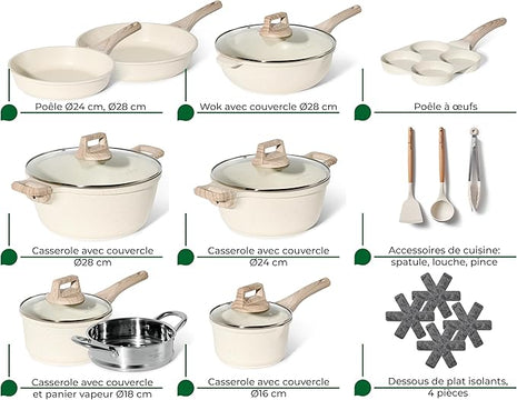 JUST PERFECTO Induction Pots Set - Pan Set with Lid - Induction Pots Set - Pots & Pans Set without PTFE and PFOA - Cookware Pot Set Induction 21 Pcs (Beige)