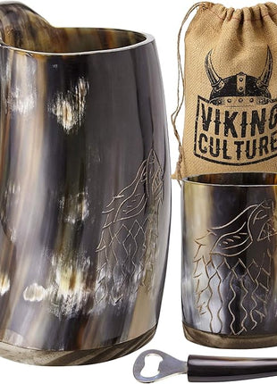Viking Culture Ox Horn Mug, Shot Glass, and Bottle Opener (3 Pc Set) Authentic 16-oz. Ale, Mead, and Beer Tankard | Vintage Stein with Handle | Custom Intricate Design - Polished Finish | Wolf/Fenrir