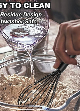 Anaeat Silicone Kitchen Whisk Set of 4, Perfect for Non-Stick Cookware, Egg Beater Milk Blender for Whisking, Cooking, Baking, Beating - 11'' Flat Whisk and 8.5''+10.5''+12'' Balloon Whisks (Black)