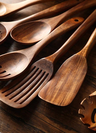 Wooden Kitchen Utensils set, 7Pcs Wooden Spoons for cooking Natural Teak Wood Kitchen Spatula Set for Cooking including Spoon Ladle Fork