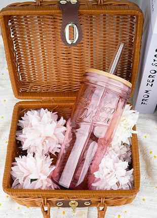 ANOTION Glass Cups with Lids and Straws, 24oz Pink Glass Tumbler Travel Coffee Mug Bamboo Mason Jar Iced Cup Smoothie Tea Clear Cute Water Drinking Jars Glasses