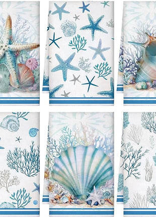 Boyiee Set of 6 Beach Kitchen Towels Coastal Ocean Dish Towels Sea Nautical Tea Towels Absorbent 24 x 16 Inches Shell Coral Starfish Hand Towels Summer Gifts for Farmhouse Kitchen Bathroom Decorations
