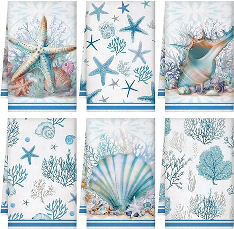Boyiee Set of 6 Beach Kitchen Towels Coastal Ocean Dish Towels Sea Nautical Tea Towels Absorbent 24 x 16 Inches Shell Coral Starfish Hand Towels Summer Gifts for Farmhouse Kitchen Bathroom Decorations