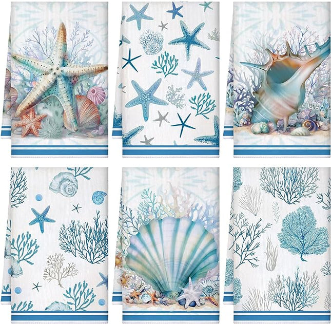 Boyiee Set of 6 Beach Kitchen Towels Coastal Ocean Dish Towels Sea Nautical Tea Towels Absorbent 24 x 16 Inches Shell Coral Starfish Hand Towels Summer Gifts for Farmhouse Kitchen Bathroom Decorations