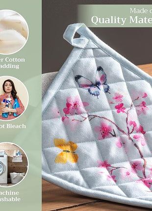 Maison d' Hermine Pot Holders 100% Cotton Heat Resistant Potholders 8" x 8" Hot Pads with Loop BBQ, Cooking, Baking, Grilling, Kitchen, Handling Hot Pans Spring/Summer (Pack of 1, Blossoms in Spring)
