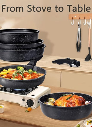 GiPP Ceramic Pots and Pans Set Non Stick, Nonstick Detachable Handle Cookware Sets, Healthy Non Toxic PFAS PFOA & PTFE Free, Dishwasher ＆Oven Safe, Induction Kitchen Pot and Pan, 15 Piece Grey