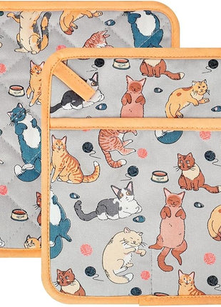 Pot Holders Set of 2 Heat Resistant 480℉ Kitchen 100% Cotton Comfortable Lining Printing Fox Flower Women Men Home Cooking Baking Microwave BBQ Gift (Cat potholder)