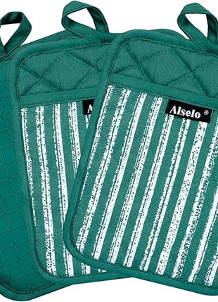 Silicone Pot Holders Set of 3 Heat Resistant & Non Slip Potholders, Professional Oven Hot Pads with Pockets Mitts for Kitchen Cooking Baking Barbecue (Emerald Green, 3)