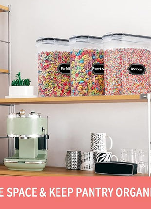 PRAKI Large Dry Food Storage Containers with Lids, 6PCS Airtight Cereal Containers Storage Set, Leak-proof Canister Set for Kitchen Pantry Organization with 20 Labels & Marker (4L Black)