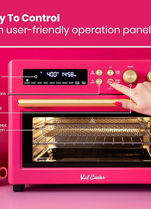 VAL CUCINA Limited Edition Happy Pink Infrared Heating Air Fryer Toaster Oven, Extra Large Countertop Convection Oven 10-in-1 Combo, 6-Slice Toast, Enamel Baking Pan Easy Clean with Recipe Book