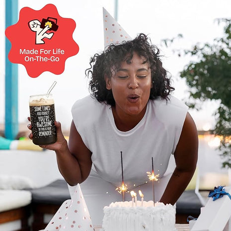 KLUBI Birthday Gifts for Women Who Have Everything - Sometimes You Forget You Are Awesome Gift for Her Birthday Presents for Mom From Daughter 16oz Glass Mug Present Baskets for Fun Teacher