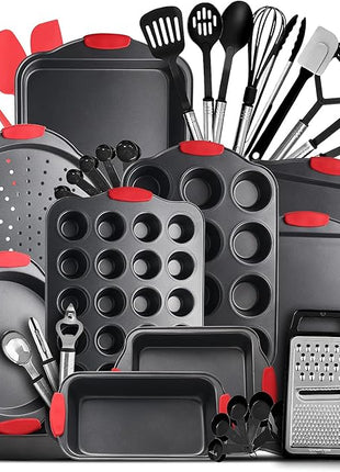 Baking Pan Set, 39 Piece Premium Baking Set, Nonstick Bakeware Sets BPA Free, Cookie Sheets for Baking Nonstick Set, Steel Baking Sheets for Oven with Muffin Pan, Cake Pan & Black Kitchen Utensils